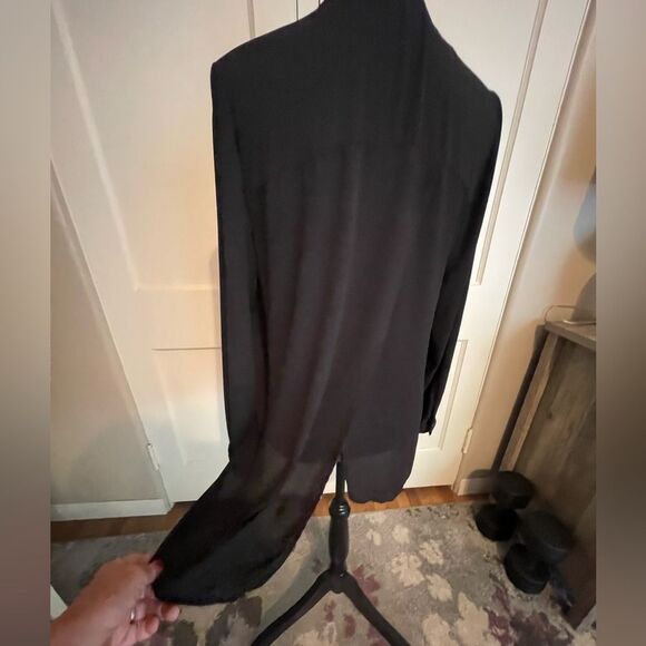 Ladies Zara Semi Sheer Black Shirt Size L Collarless Long Length Gold Buttons - Picture 3 of 6